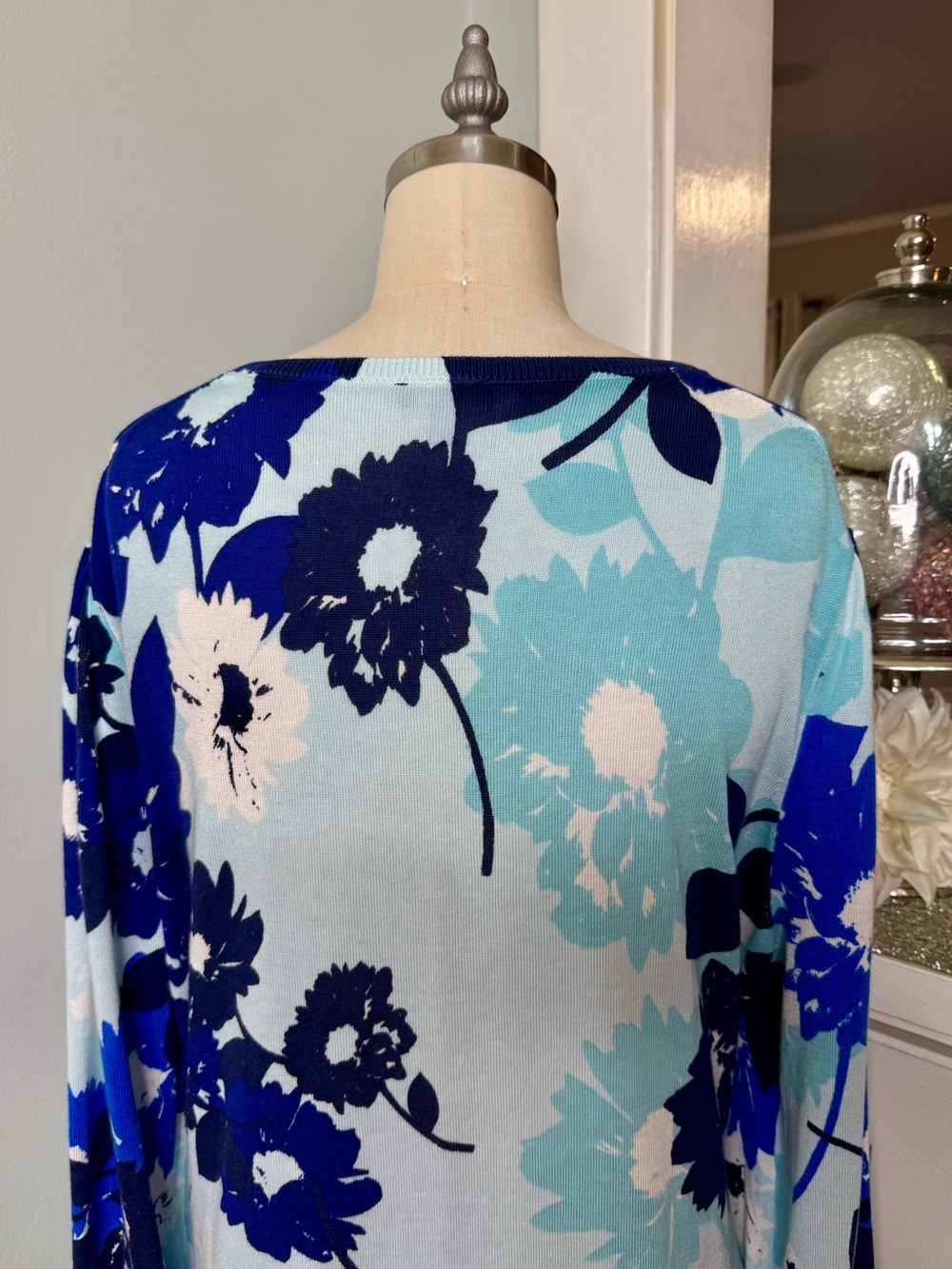 Talbots Blue Abstract Floral Puff Sleeve Sweater Lightweight Cotton Size XL - Picture 7 of 12